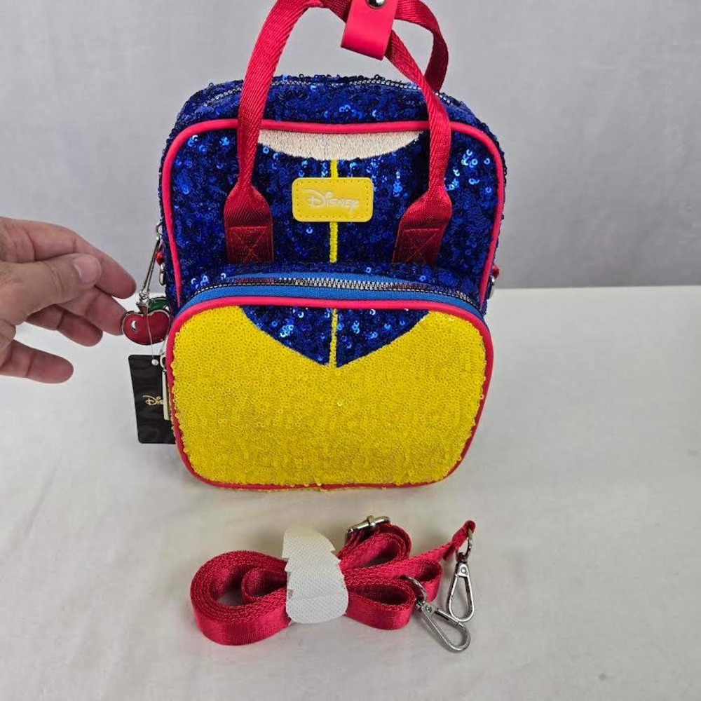 Disney Snow White Sequin Mini Backpack Bag‎ Blue Yellow Red Apple Charm NWT BD